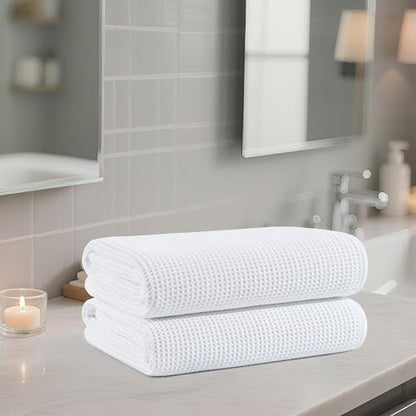 POLYTE 380 GSM Poly Blend Microfiber Quick Dry Waffle Bath Towel, 30x60 in - color: White