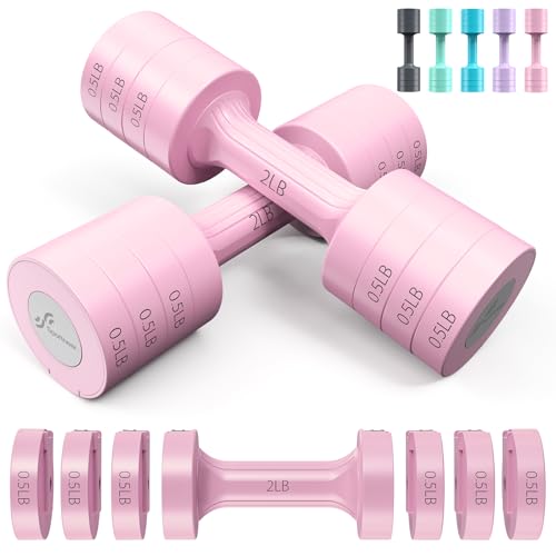 Sportneer Adjustable Dumbbells Hand Weights Set: 5 lb Dumbbell Set of 2 Each 2lb 3lb 4lb 5lb Free Weights Fast Adjust Weight 4 In 1 Weights Dumbbells Set for Women Men Home Gym Exercise Training - color: Pink