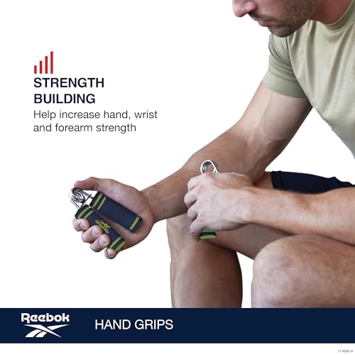 Reebok 2-Pack Hand Grips, Spring Coiled Wrist, Fingers & Forearm Strength Trainer with Soft Foam Handles, Improves Grip Strength, Resistance Hand Gripper for Manual Exercises & Rehab - color: Blue/Lime