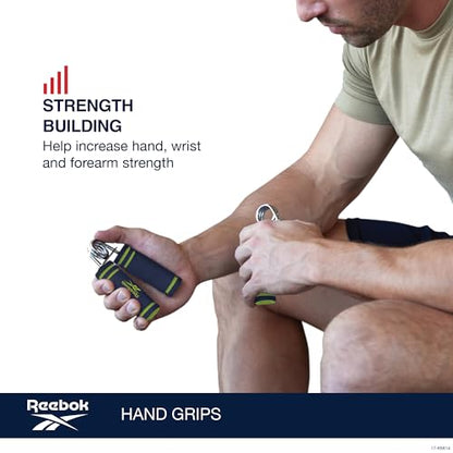 Reebok 2-Pack Hand Grips, Spring Coiled Wrist, Fingers & Forearm Strength Trainer with Soft Foam Handles, Improves Grip Strength, Resistance Hand Gripper for Manual Exercises & Rehab - color: Blue/Lime