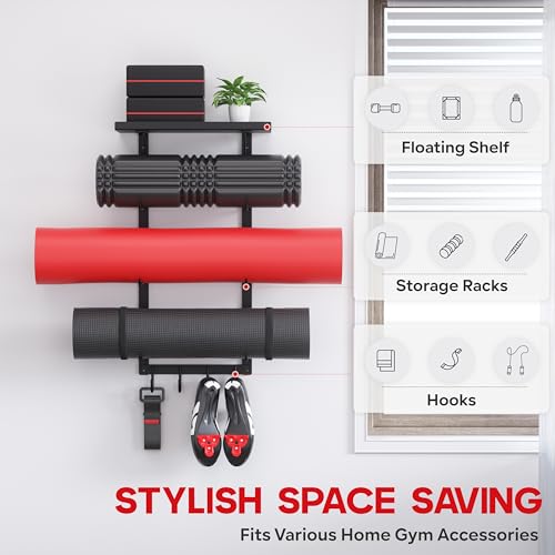 Yoga Mat Holder Wall Mount, Yoga Accessory Mat Storage Rack, Home Gym Accessories Organizer, Floating Shelf and Hooks for Hanging Foam Roller/Band/Workout Equipment at Pilates Fitness Class