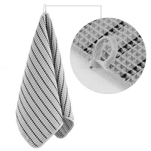POLYTE 430 GSM Poly Blend Microfiber Quick Dry Waffle Hand Towel, 16x30 in - color: Light Gray/Black