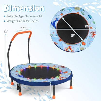 GYMAX 36” Toddler Trampoline with Lights, Folding Springless ASTM Approved Small Kids Rebounder with Foam Handle, Safety Padded Cover & Foldable Legs, Mini Indoor Baby Trampolines - color: Light Blue