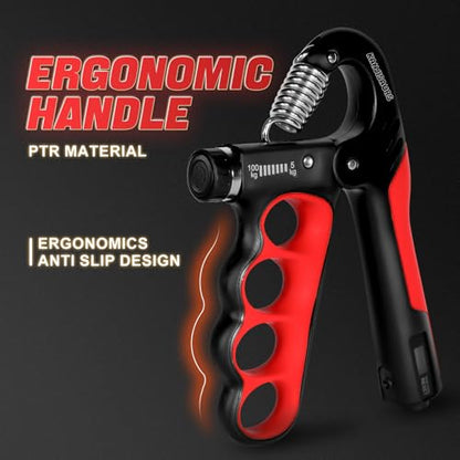 Grip Strength Trainer, Adjustable Resistance Forearm Strengthener with 11-220Lbs (5-100KG), Digital Counter, Ergonomic Hand Gripper Strengthener for Musicians, Athletes & Injury Recovery - color: Red