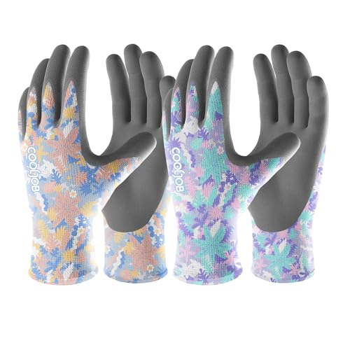 COOLJOB 2 Pairs Colorful Gardening Gloves for Women Ladies, Breathable Rubber Coated for Yard Garden, Outdoor Indoor Protective Work, Small Size, Varied Colors - color: Colorful, size: Small (Pack of 2)