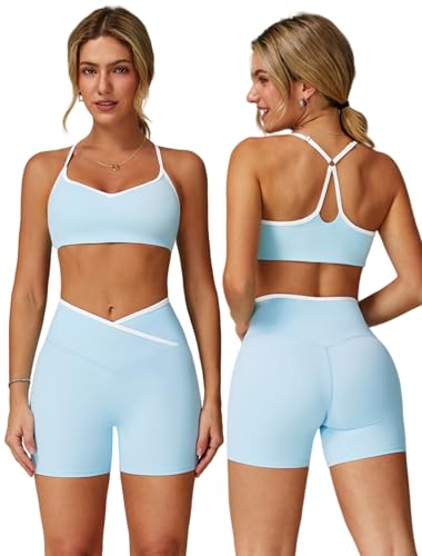 ABOCIW Workout Sets for Women 2 Piece Color Block Strappy Sports Bra Crossover High Waist Shorts Gym Yoga Pilates Outfits - color: Ice Blue, size: Small