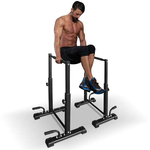 Adjustable Dip Station - 1200 Lbs Capacity Multi-Functional Workout Bar with 6 Height Levels (36.6"-46") for Home Gym Fitness Training, Pull Ups, Dips & Bodyweight Exercises, Black