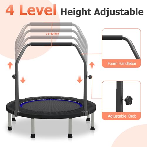 HYD-Parts 40" 48" Mini Trampoline for Adults and Kids Exercise Rebounder with Adjustable Bar Fitness Trampoline Indoor Max Load 330 440lbs - color: Blue-48in