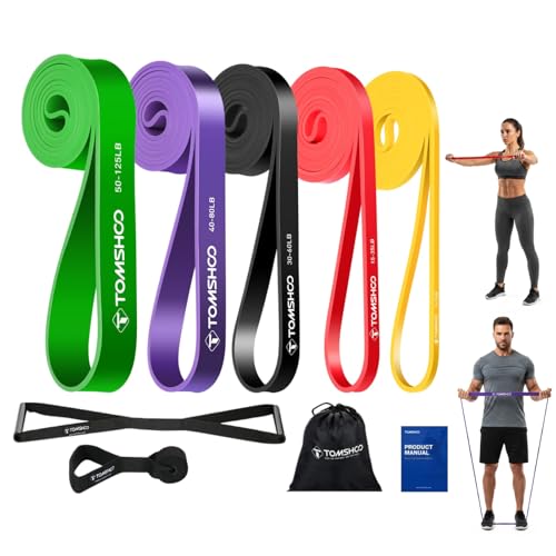 TOMSHOO 5 Packs Pull up Assist Bands, Resistance Bands with Straps Handles and Door Anchor, Stretch Bands,Exercise Bands with Guide for Fitness