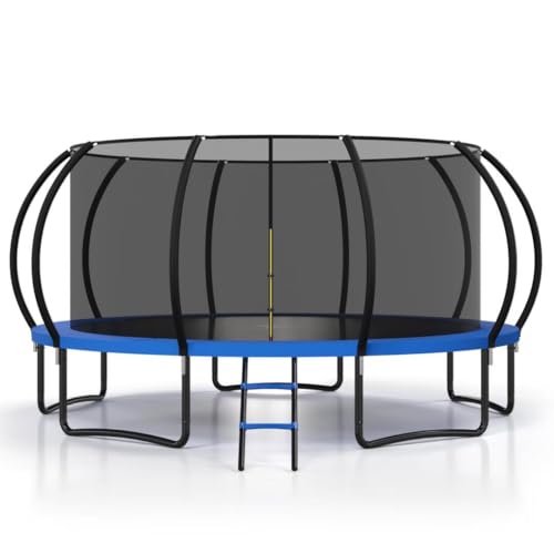 8FT 10FT 12FT 14FT 16FT Outdoor Trampoline with Safety Enclosure Net - color: Blue, size: 16 FT
