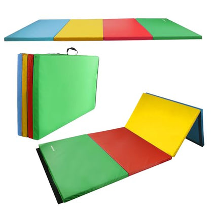 Fitvids Folding Exercise Gymnastics Mat, 4'x8'x2" Gym Workout Mat with Carrying Handles 4-Fold High-Density Anti-Tear Portable Fitness Aerobics Mat for Home Gym Yoga Pilates Tumbling MMA Core Training