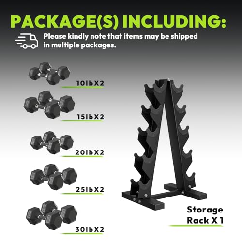 HANDBODE Hex Dumbbell Sets with Rack, 100-165 lb Rubber Encased Dumbbells for Strength Training, Exercise & Fitness, Home Gym Weight Set with Rack - style: 200 lb (10, 15, 20, 25, 30 lb) X 2 & Rack