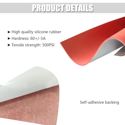 12" x 12" x1/8" Adhensive Red Silicone Rubber Sheet, 60A Silicone Mat - size: 12 x 12 x1/8“, style: Red, With Adhesive