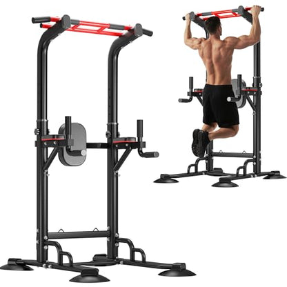 DlandHome Pull Up Bar Power Tower Dip Station, Height Adjustable Heavy Duty Workout Dip Stand, Multi-Functional Strength Training Machine for Men Women Home Gym - color: Black