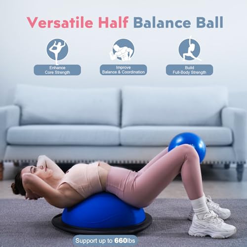 kisnbld Half Balance Ball Trainer, Inflatable 19/23 Inch Half Exercise Ball with Resistance Bands and Pilates Ball, Non-Slip 660lbs Capacity Yoga Ball for Home Gym Full Body Workouts