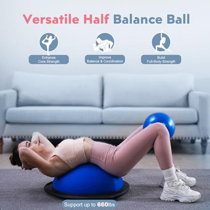 kisnbld Half Balance Ball Trainer, Inflatable 19/23 Inch Half Exercise Ball with Resistance Bands and Pilates Ball, Non-Slip 660lbs Capacity Yoga Ball for Home Gym Full Body Workouts