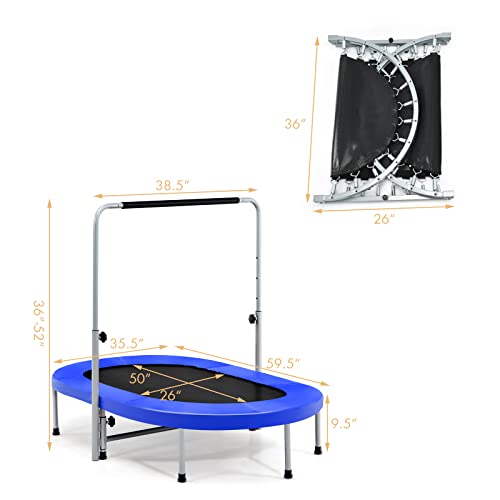 Giantex Mini Trampoline, 2 Persons Foldable Fitness Trampoline w/ 5 Levels Height Adjustable Handle, Max Load 330LBS, Indoor Oval Rebounder Exercise Trampoline for Adult, Kid, Enjoy Parent-child Time