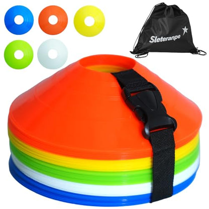 Pro Disc Cones (Set of 50) | Drawstring Bag & Strap, for Soccer, Basketball, Football, Agility & Sports Drills Training