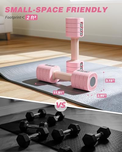 Rendpas Adjustable Dumbbell Set of 2, 1-Sec Quick-Adjust Dual-Lock Design Dumbbell Set for Women & Men, Compact No-Roll Hand Weights for Home Gym Strength Training & Pilates