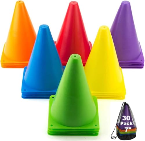 30 Pack Soccer Cones, 7 Inch Colored Cones for Sports, Traffic Cones Training Agility Field Marker Plastic Cone for Skating, Football, Games, Indoor Outdoor Activity & Festive Events, 6 Colors