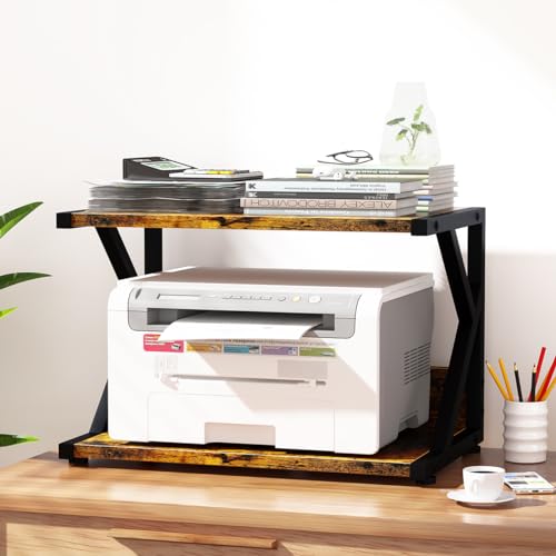 aboxoo Desktop Printer Stand with 2 Tier Wood Storage Shelves,Under Desk Printer Table,Multi-Purpose Home Office Desk Organizer for Fax Machine, Scanner (Rustic Brown) - color: Brown