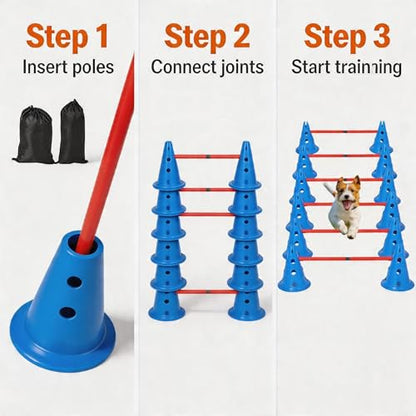 Dog Agility Course Backyard Set, Dog Agility Hurdle Cone Set with 4-Height Adjustable & Storage Bag, Training Hurdle for Dogs Obstacle Course - 12 Cones & 6 Agile Rods Combo