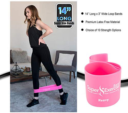 USA 14" x 3" Extra Long Latex Free Mini Loop Bands in 3, 5, 10 Pack Sets. 10 Strengths for Resistance Training, Stretching, Yoga, Toning. Plus an Exclusive iPhone App and E-Book. - color: o. Fuchsia Pink HEAVY Loop Band 10 Pack