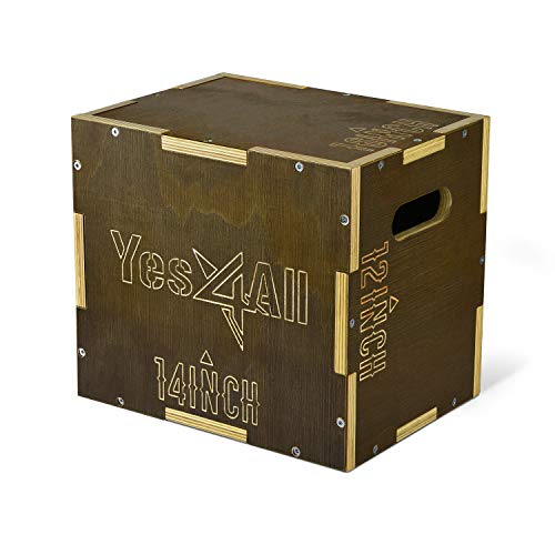 Yes4All Plyo Box, 3-in-1 Wooden Box Jumps for Home Gym, 450 lbs Boxes Step Up with Smooth Edges & Wide Built-in Handles for Jumping, Strength Training, Lunges, Squats, Dips - color: C. Wood - Moss Brown, style: 16" x 14" x 12"