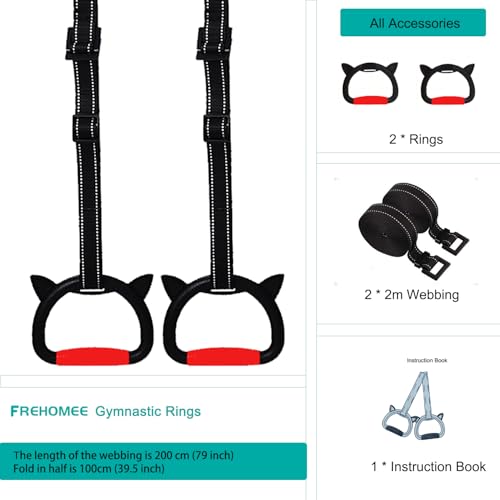 Professional Gymnastic Rings,Both for Adults and Kids,Support 440lb,Home Fitness Equipment,Indoor and Outdoor Pull-up Bar for Stretching and Height Increase (Reddark-1.5m)