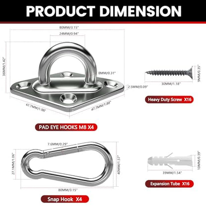 sprookber 304 Stainless Steel Pad Eye Snap Hook,M8 Ceiling Hook 1200Lb,8Pcs - size: 3.15 inch, style: Rhombus