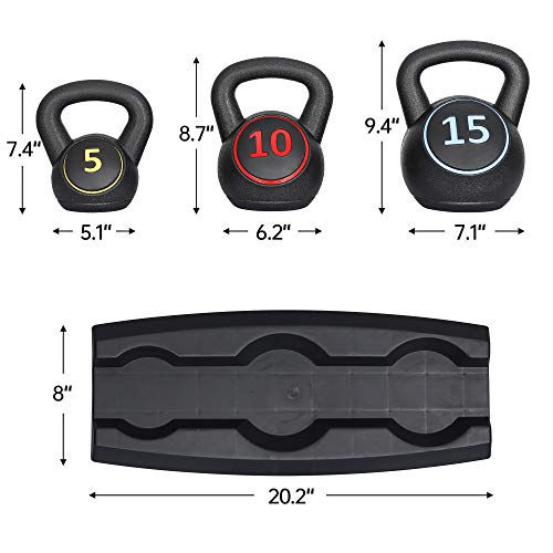 3-Piece Kettlebell Set, Exercise Fitness Weight Set with Base Rack for Home Gym, Home Workouts, Strength Training, Include 5 lbs, 10 lbs, 15 lbs