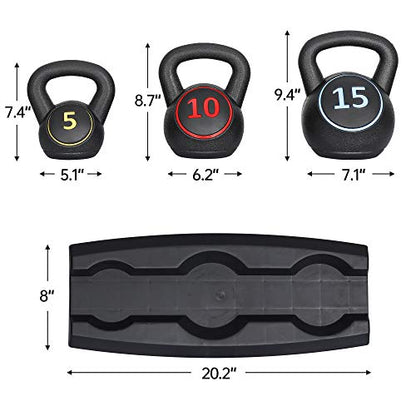 3-Piece Kettlebell Set, Exercise Fitness Weight Set with Base Rack for Home Gym, Home Workouts, Strength Training, Include 5 lbs, 10 lbs, 15 lbs