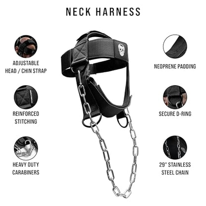 Gymreapers Neck Harness Weight Lifting - Neck Trainer Workout Equipment - Heavy Duty Stainless Steel Chain, Adjustable Neoprene Head Strap, Exercise Equipment for Strength & Pain Relief - color: Black