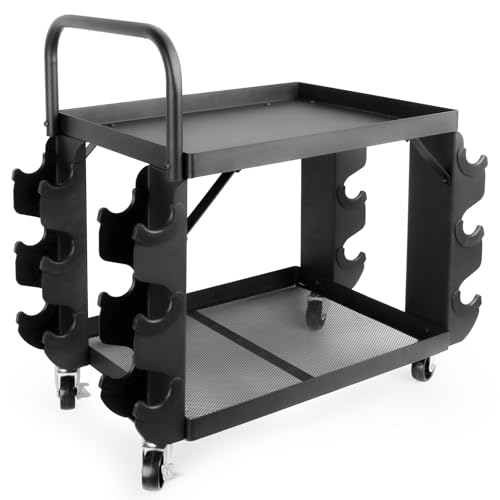 All-in-One Home Gym Storage Cart with Wheels and Handle, 2-Tier Heavy Duty Adjustable Weight Rack for Small Dumbbells, Kettlebells,Yoga Mats, Fitness Gear