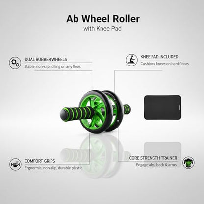 Green Ab Wheel Roller with Knee Pad, Dual Exercise Wheel for Core Strength, Non-Slip Rubber Wheels for Home Gym Workouts on Hard Floors