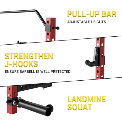 Folding Squat Rack Wall Mounted, 1000LBS Foldable Squat Rack for Home Gym and Garage, 2.4x2.4in Thick Steel with Pull Up Bar, J Hooks & Landmine Attachments, Space Saving Home Gym Power Cage
