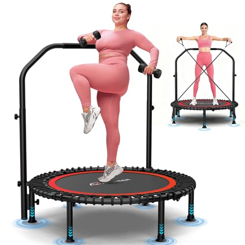 ANCHEER 40"/48" Foldable Mini Trampoline,Max Load 450lbs/550lbs Indoor Trampoline,with 4 Level Adjustable Foam Handle and Resistance Bands,Adult Exercise Trampoline for Home, Garden, and Gym - color: Deep Red, size: 40 inch
