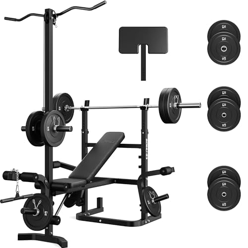 Z3 900LBS Olympic Weight Bench Set with Leg Extension, 9 in 1 Workout Press with Preacher Curl Pad and LAT Pulldown, Strength Training Bench for Home Gym - color: 120lbs Plates and Bar