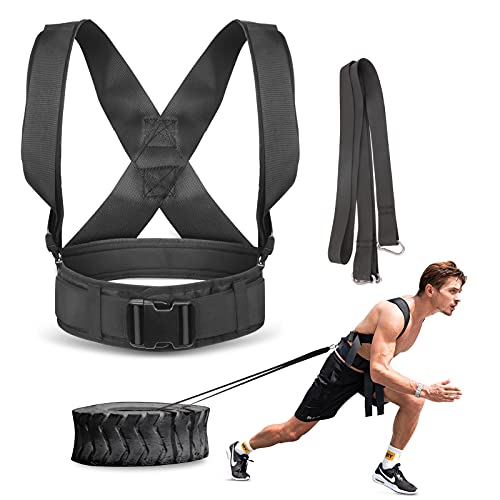 Sled Pulling Harness, Tire Pulling Harness with Pull Strap for Resistance Training, Adjustable Padded Shoulder Strap