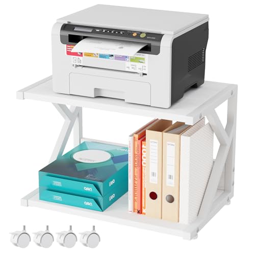 aboxoo Desktop Printer Stand with 2 Tier Wood Storage Shelves,Under Desk Printer Table,Multi-Purpose Home Office Desk Organizer for Fax Machine, Scanner (White) - color: White