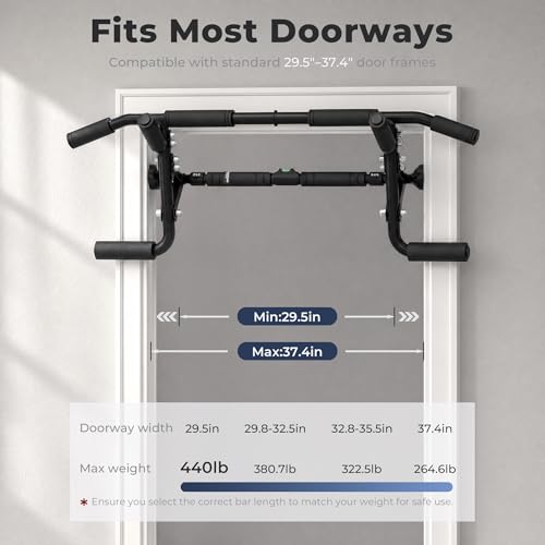EAST MOUNT 2026 Upgrade Doorway Pull Up Bar for Door Frame, Adjustable Height & Width(29.5"–37.4"), No Screws, No Damage, No Removal Needed, 440 lbs Heavy Duty Home Gym Chin Up Bar