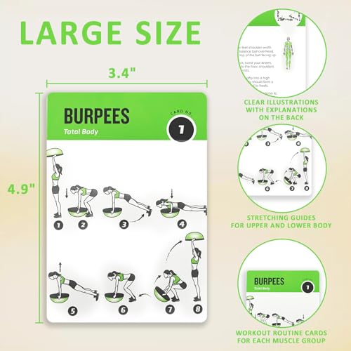 Half Balance Ball Workout Cards, 62 Exercises Cards Deck Large Size 5" x 3.5" Fitness Cards for Women & Men, Beginner Fitness Guide to Training Exercises at Home or Gym