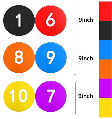 Numbered Poly Spot Markers - 10pc Anti-Slip 9 Inch (23cm) Floor Dots for Sports Training, Agility Drills, Games