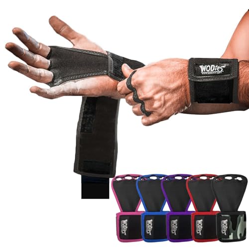 JerkFit WODies Gymnastics & Weightlifting Grips with Wrist Wraps – 3 Hole Versatile Gym Gloves for Pull Ups, Gym Training & Cross Training – Hand Grips Palm Protector for Men & Women