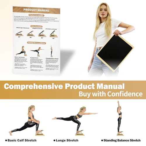 Slant Board for Calf Stretching and Exercise, 4 Angle Portable Adjustable Wooden Calf Stretch Board with Training Poster, 300 Lbs Weight Capacity Velour Board for Leg Knees Physical Therapy Equipment