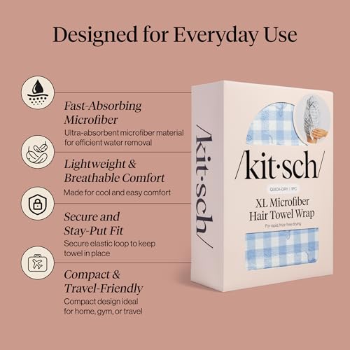 Kitsch XL Microfiber Hair Towel Wrap for Women - color: Gingham Blue