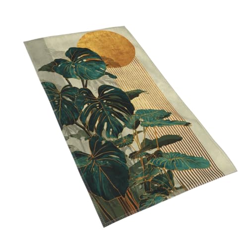 Boho Green Leaf Hand Towels Set of 2, Mid Century Modern Abstract Botanical Decorative Towels, Soft Lightweight Microfiber Absorbent Quick Dry Fingertip Towels for Bathroom Kitchen Spa Gym Home Decor