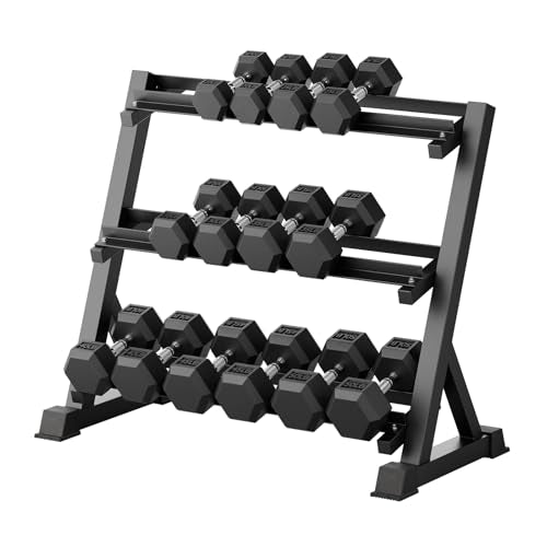 RitFit Rubber Coated Hex Dumbbell Set with Rack, 5-780LB for Home Gym Strength Training, Anti-Slip Knurled Handle, Hexagon Anti-Roll, Heavy-Duty Storage Rack - style: 490LB Set-3-Tier Rack (20-50LB）