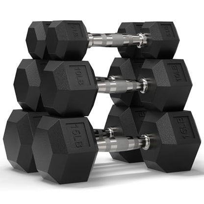 Mikolo Dumbbell Sets with Rack, Rubber Hex Dumbbells, Multiple Choices in 160/200/380/450/550LB, Hand Weights with Chrome Handle for Strength Training - style: 60LB SET (5/10/15LB Pairs)