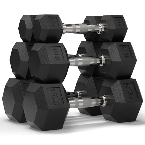 Mikolo Dumbbell Sets with Rack, Rubber Hex Dumbbells, Multiple Choices in 160/200/380/450/550LB, Hand Weights with Chrome Handle for Strength Training - style: 60LB SET (5/10/15LB Pairs)